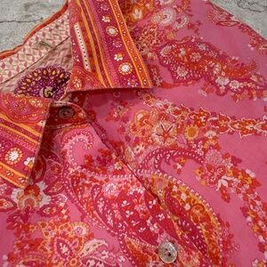 Robert Graham Paisley Floral Pattern ButtonDown Blouse Cotton Boho Women Pink Lg
